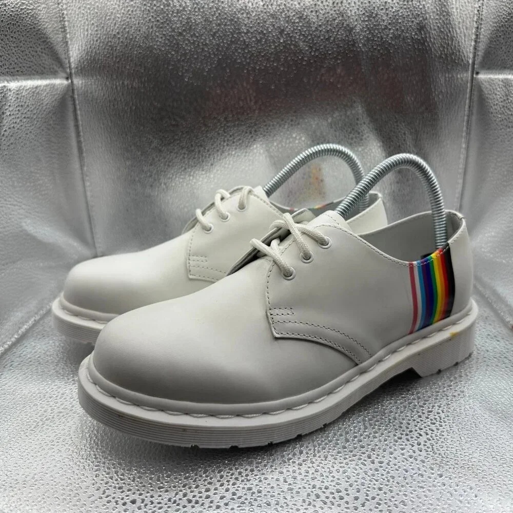 Size 6 Dr. Martens White Mens Lace-Up Pride Derby‎ Rainbow Leather Shoes 27522